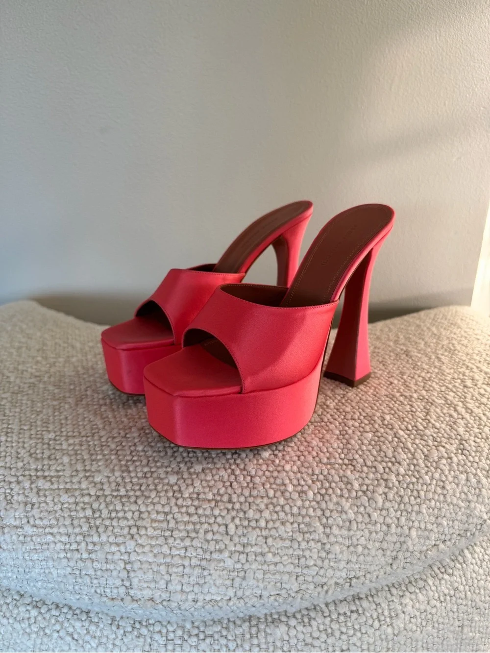 Amina Muaddi Coral-Pink Satin Platform Mule Heels
